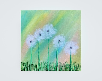 Dandelion Landscape Painting: Acrylic Wall Art, 8x8 Canvas