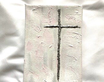 Textured Cross Painting: Silver Religious Gift, Baptism Decor (5x7)