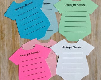 May include: Five baby onesie shaped cards with the text "Advice for Parents." printed on each card. The cards are in different colors: blue, light blue, green, pink, and white.