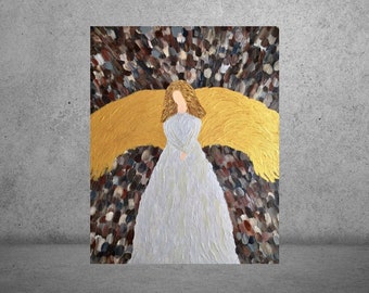 Textured Angel Painting: Gold Wings, Religious Wall Art (16x20)