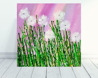 Textured Dandelion Painting: Pink Floral Impasto Artwork, 8x8