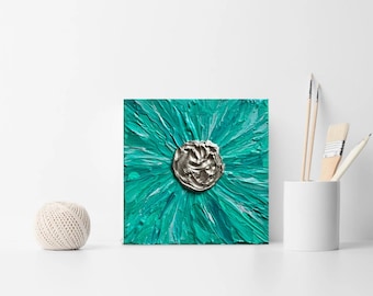 Textured Flower Art: Turquoise Abstract Painting, 5x5 Canvas