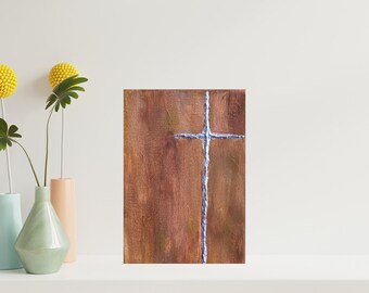 Silver Cross Painting: Textured Christian Art, Baptism Gift, 5x7 canvas