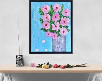 Impasto Pink Flower Painting: Framed Floral Artwork (20x16)