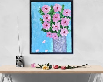 Flower Painting, Family Room Framed Artwork, Impasto Textured Flower Artwork, Gift for Her, Floral Artwork, Pink Flowers, Original Painting