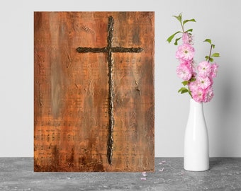 Textured Cross Painting: Hymnal Mixed Media Art, Religious Gift, Baptism Gift