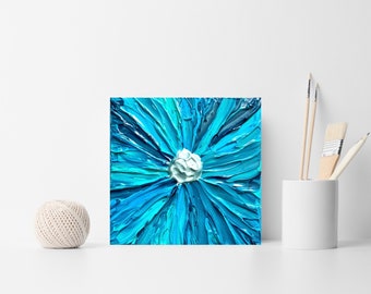 Small Abstract Painting, Blue Flower Painting, Impasto Painting, Gift for Her, Home Decor, Artwork for Walls, Floral Wall Art