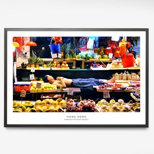 Impression numérique du marché aux fruits de Hong Kong - Art mural de Hong Kong - Décoration de voyage en Chine - Affiche colorée de Hong Kong - Carte postale souvenir HK