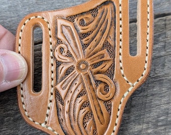 Hand-Tooled Leather Knife Sheath | Western Cross Design | Fits 4" Case Trapper Folding Knife