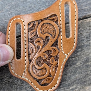 Hand-Tooled Leather Knife Sheath | Western Scroll Design | Fits 4&quot; Case Trapper Folding Knife