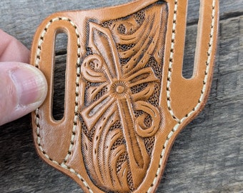 Hand-Tooled Leather Knife Sheath | Western Cross Design | Fits 4" Case Trapper Folding Knife
