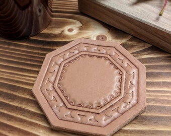 Hand Tooled Leather Coffee Coaster with Western Serpentine Border Design