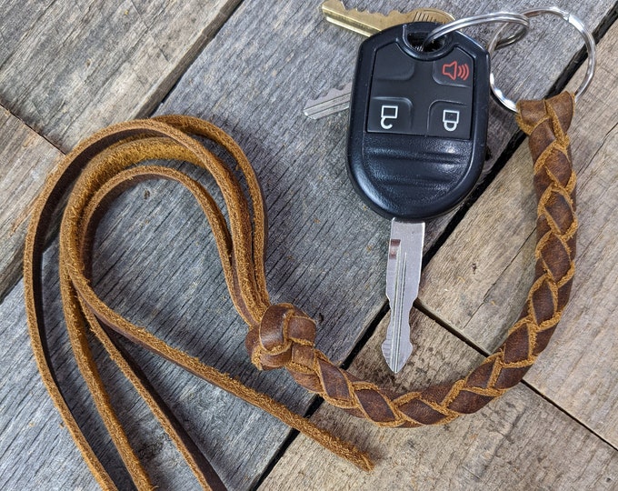 Featured listing image: Long Brown Braided Leather Keychain Round Braid with Turk's Head Knot Key Fob