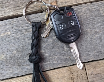 Black Braided Leather Keychain Round Braid with Turk's Head Knot Key Fob