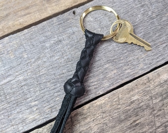 Black Braided Leather Keychain Round Braid with Gold Plated Keyring Key Fob