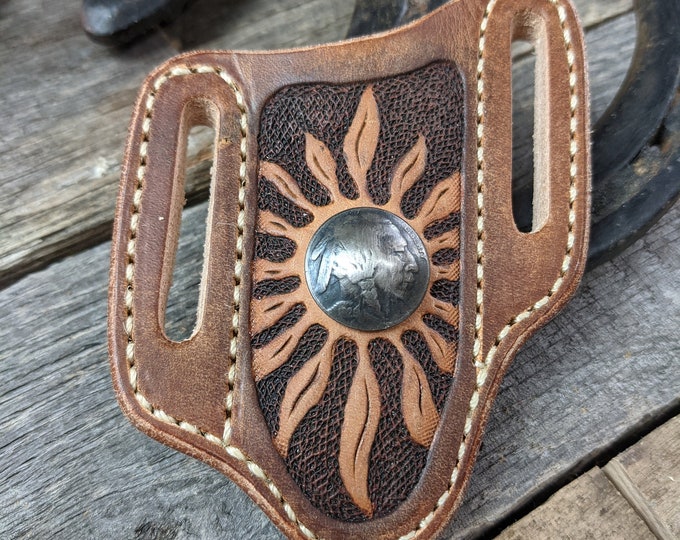 Featured listing image: Leather Pocket Knife Sheath with Indian Head Nickel Concho and Sun Design
