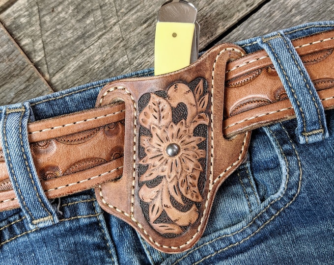 Featured listing image: Leather Pocket Knife Sheath with Western Flower Design and Antique Spot