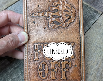 Tooled Leather Bifold Front Pocket Wallet with Middle Finger F#ck Off Design 4 Pocket Wallet