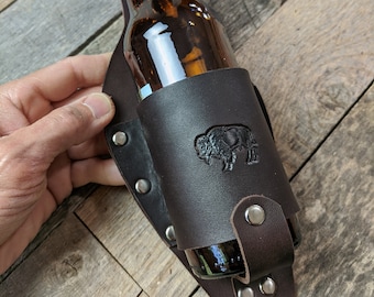 Brown Leather Beer Bottler Holster with Buffalo Stamp
