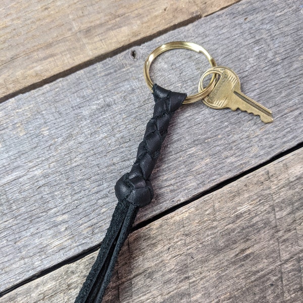 Black Braided Leather Keychain Round Braid with Gold Plated Keyring Key Fob