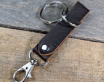 Brown Leather Keychain with Swivel Clasp Nickel Plated Key Ring