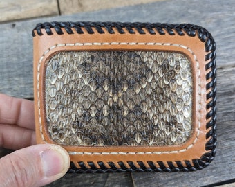Leather Bifold Wallet with Rattlesnake Skin Inlays and Laced Edges Mens Wallet