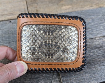 Leather Bifold Wallet with Rattlesnake Skin Inlays and Laced Edges Mens Wallet