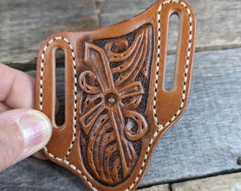 Tooled Leather Knife Sheath with Western Cross Design for Trapper Style Folding Pocket Knife