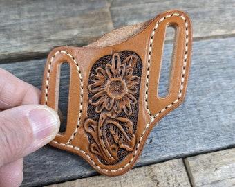 Tooled Leather Knife Sheath Western Flower Design for Mini Trapper Style Folding Pocket Knife