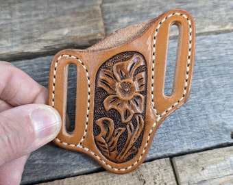 Tooled Leather Knife Sheath Western Flower Design for Mini Trapper Style Folding Pocket Knife
