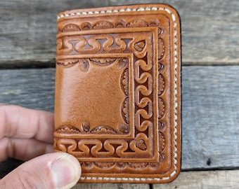 Tooled Leather Mini Bifold Wallet for Cards ID with Western Acorn Border Design
