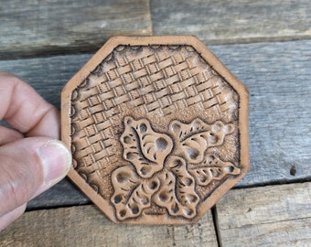 Hand Tooled Leather Coffee Coaster with Western Floral and Basketweave Design