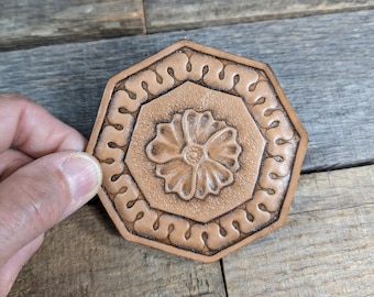 Hand Tooled Leather Coffee Coaster with Western Floral and Border Design