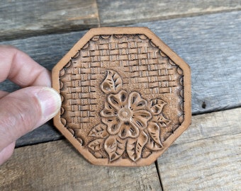 Hand Tooled Leather Coffee Coaster with Western Floral and Basketweave Design