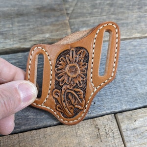 Tooled Leather Knife Sheath Western Flower Design for Mini Trapper Style Folding Pocket Knife