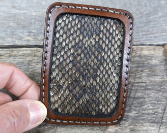 Leather Front Pocket Wallet with Rattlesnake Skin, Slim Wallet, Mens Leather Wallet
