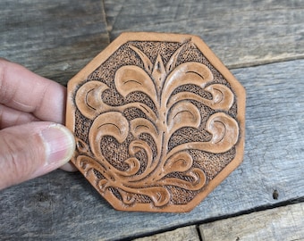 Hand Tooled Leather Coffee Coaster with Western Scroll Design