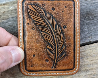 Hand Tooled Leather Front Pocket Wallet with Feather Design, Slim Wallet, Mens Leather Wallet