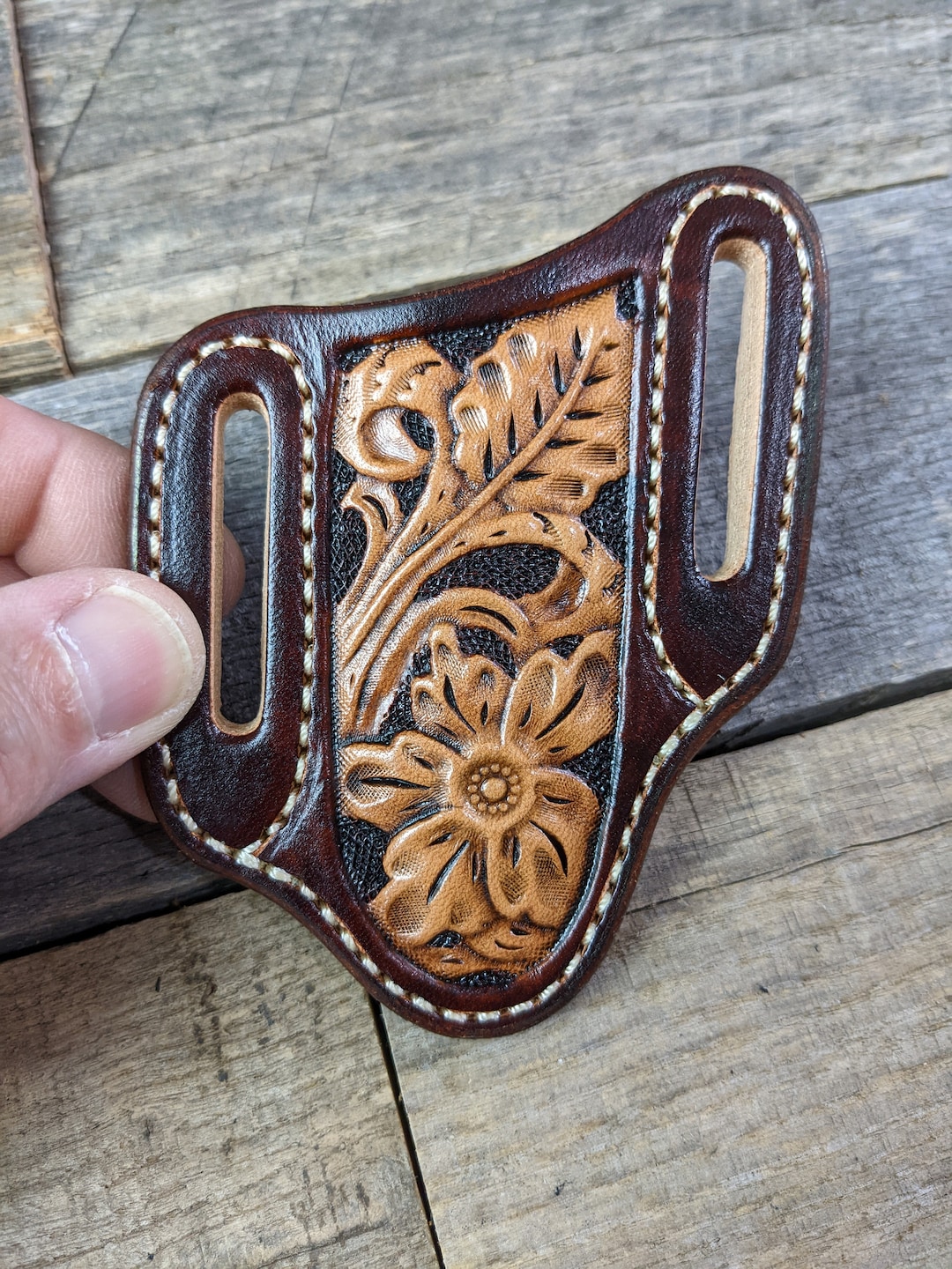 Tooled Leather Knife Sheath With Western Floral Design for Trapper Style Folding Pocket Knife Etsy