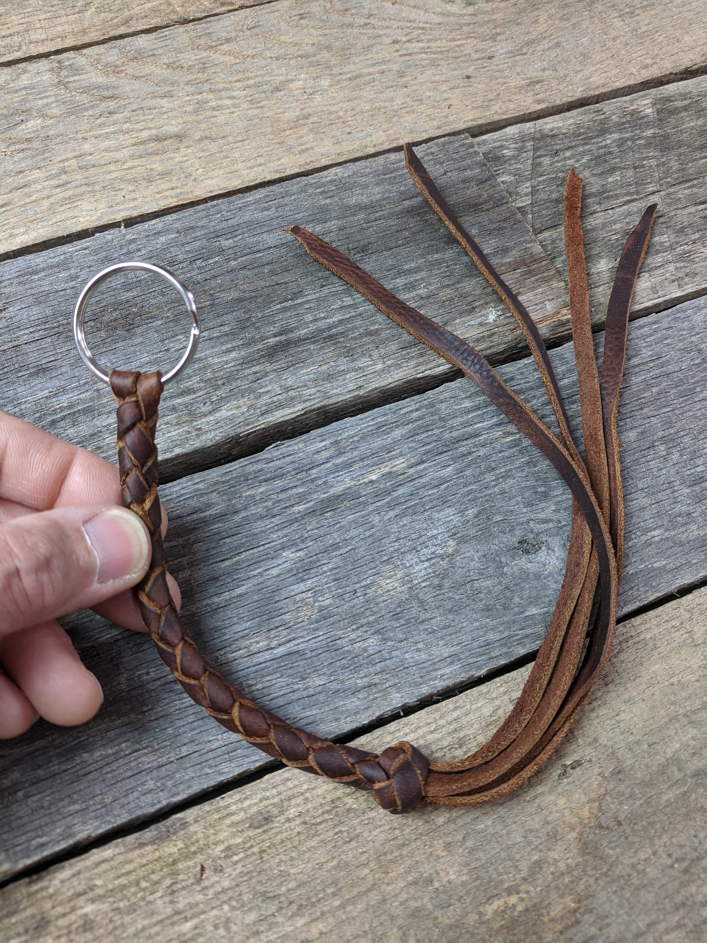 Long Brown Braided Leather Keychain Round Braid with Turk's Head Knot