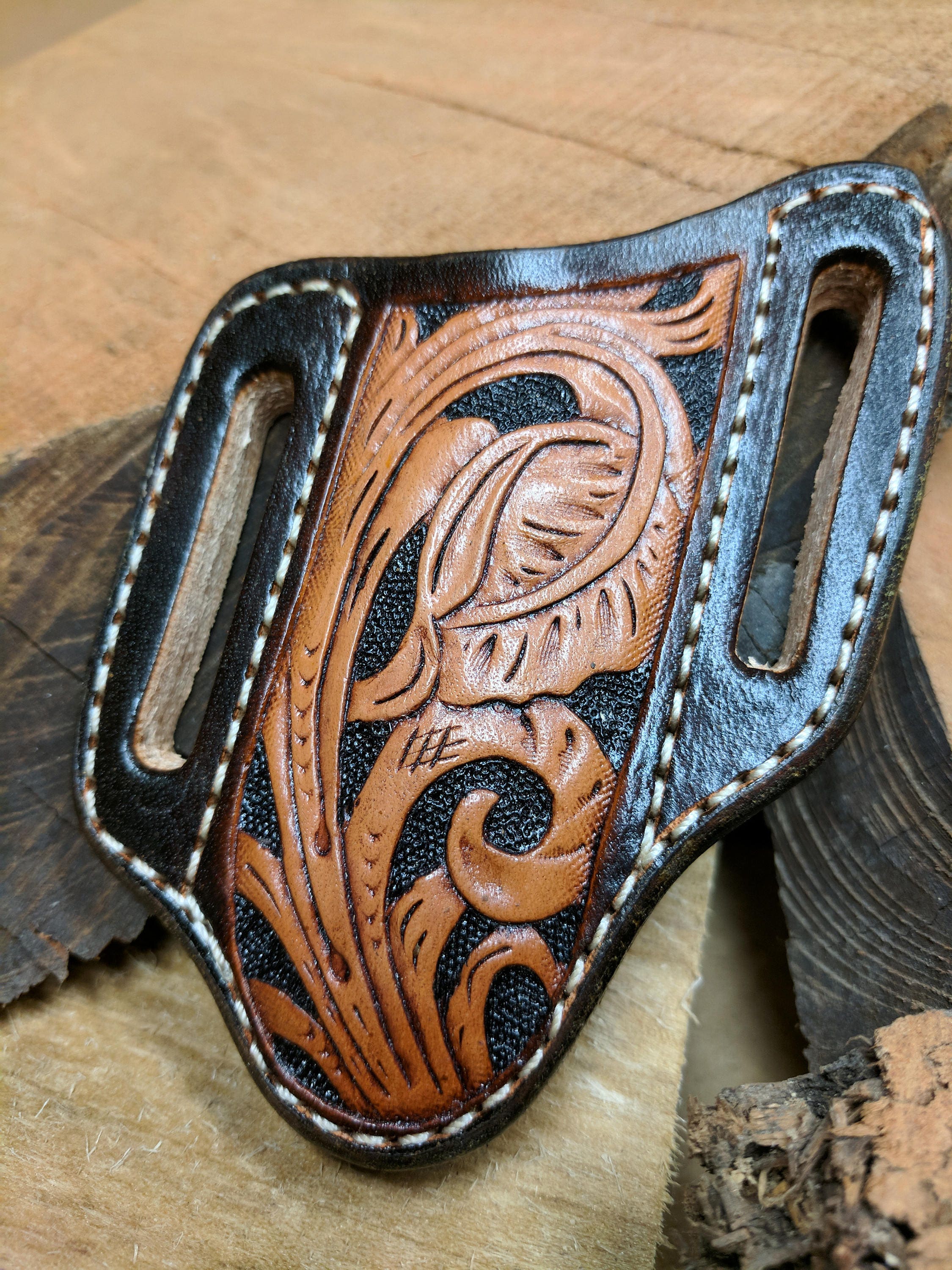 Hand Tooled Leather Knife Sheath with Western Leaf Art and Buffalo