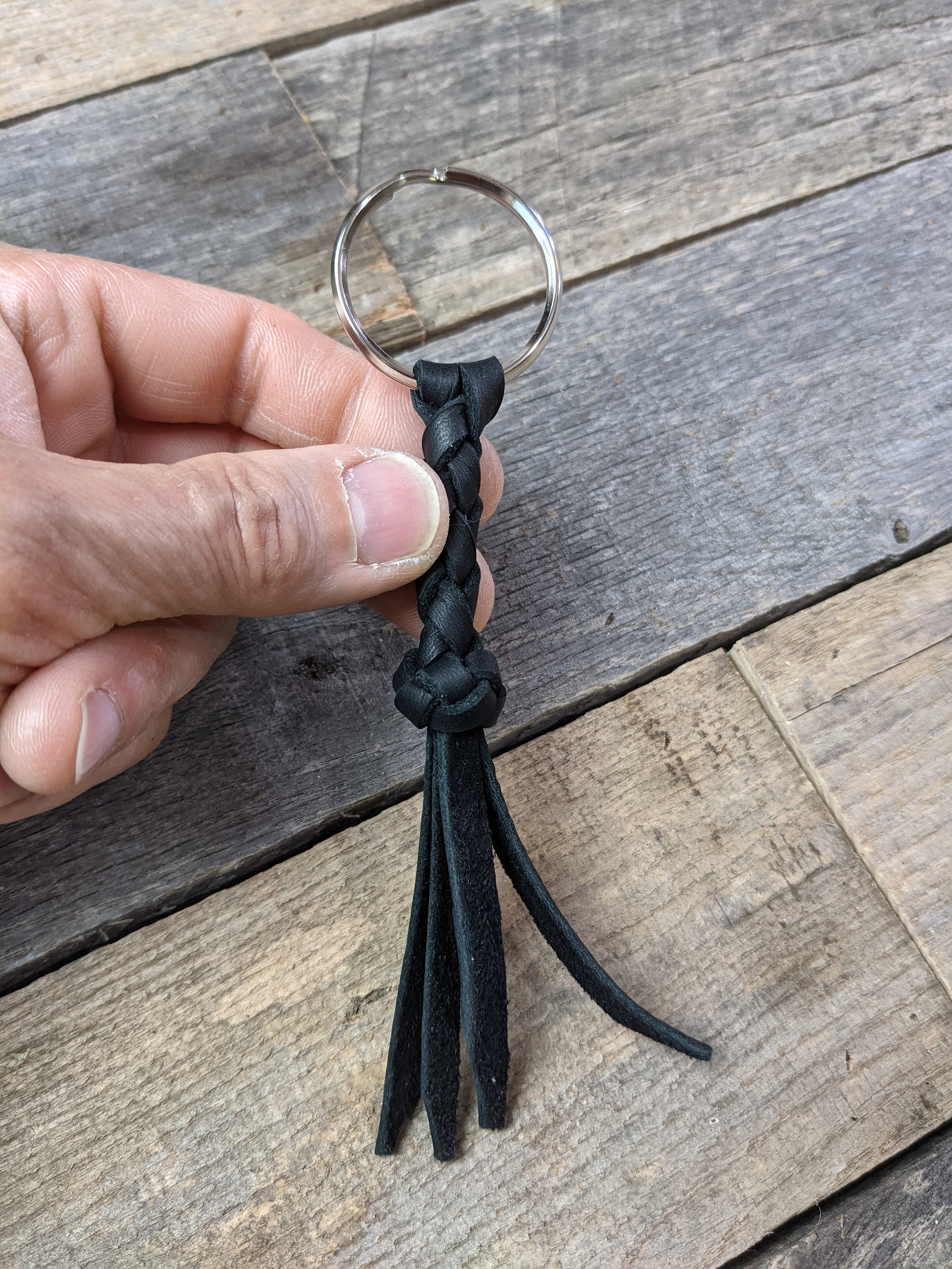 Black Braided Leather Keychain Round Braid with Turk's Head Knot