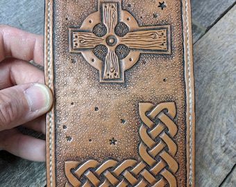 Tooled Leather Bifold Front Pocket Wallet with Celtic Knot and Cross Design 4 Pocket Wallet