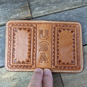 Mini billetera plegable de cuero con herramientas para tarjetas de identificación con diseño de borde occidental de EE. UU.