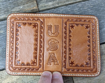 Tooled Leather Mini Bifold Wallet for Cards ID with USA Western Border Design