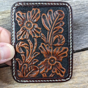 Cartera de bolsillo frontal de cuero con herramientas a mano con diseño floral occidental, billetera delgada, billetera de cuero para hombres
