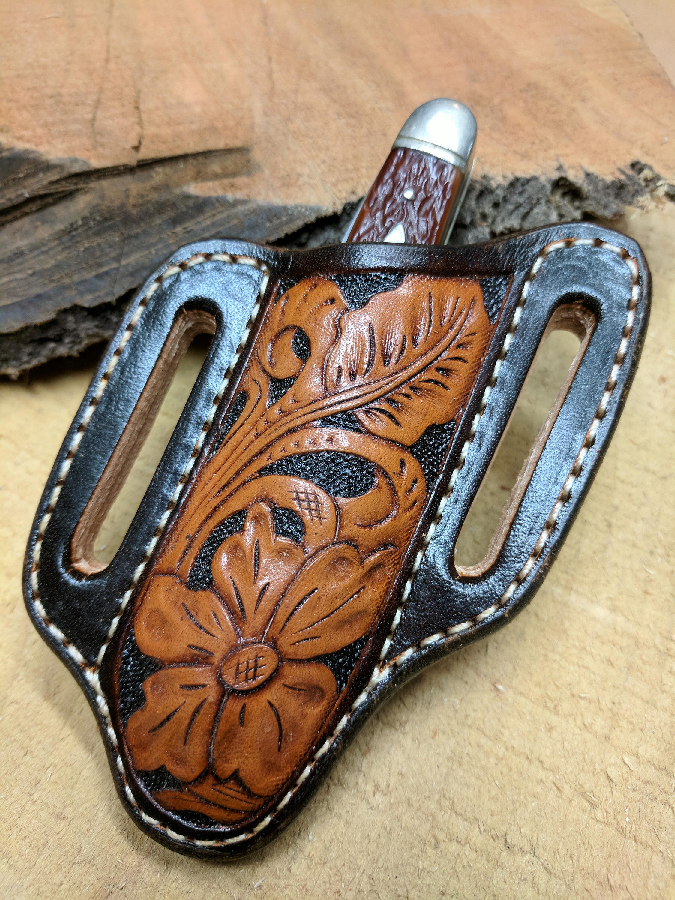 Hand Tooled Leather Knife Sheath with Western Flower and Leaf Design