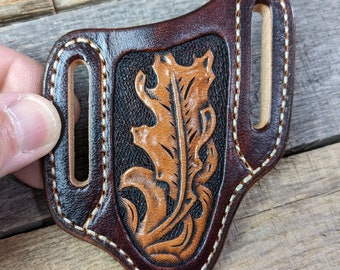Tooled Leather Knife Sheath with Western Oak Leaf Design for Trapper Style Folding Pocket Knife