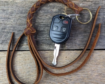 Long Brown Braided Leather Keychain Round Braid with Gold Plated Key Ring Key Fob