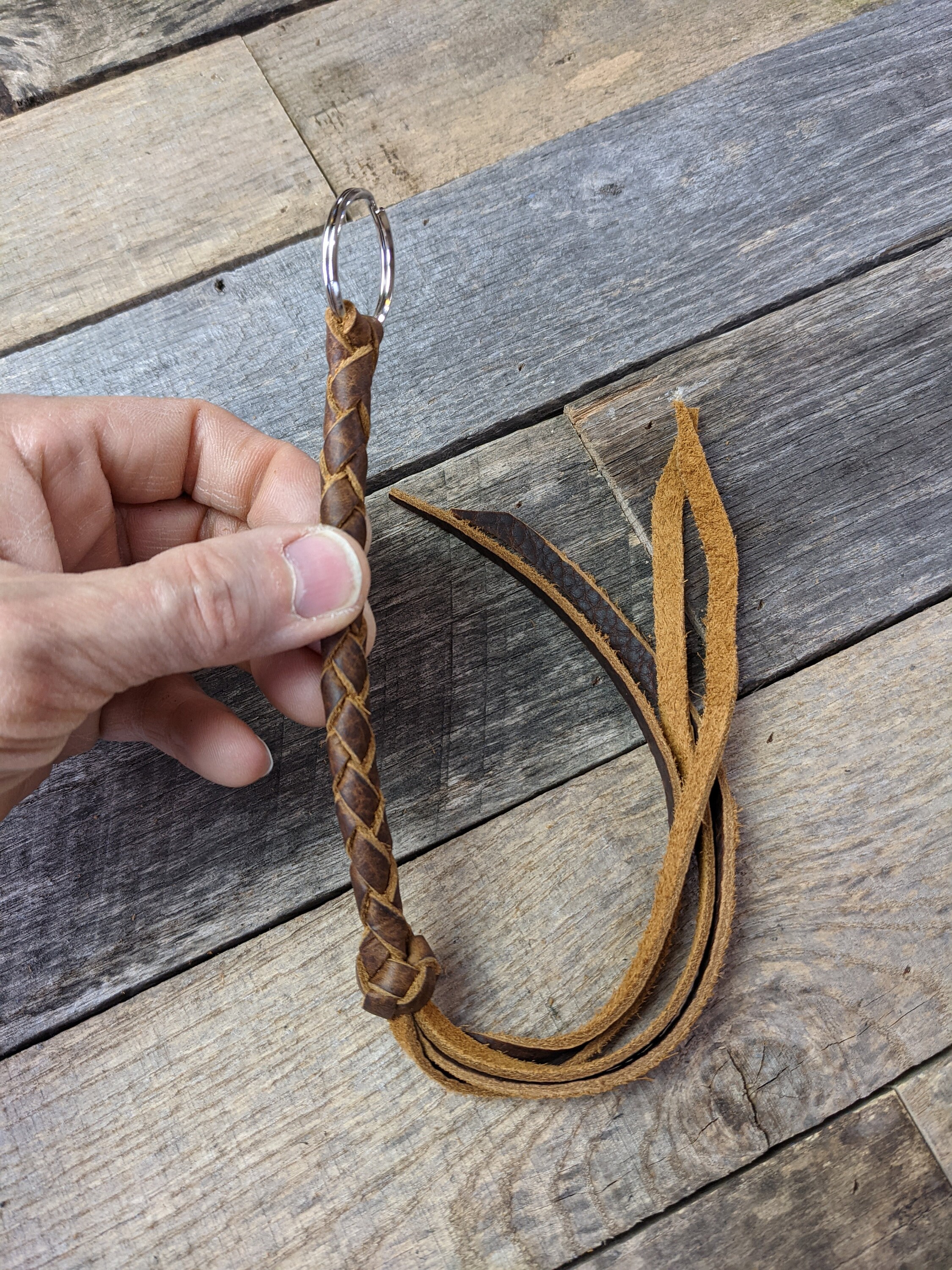 Long Brown Braided Leather Keychain Round Braid with Turk's Head Knot